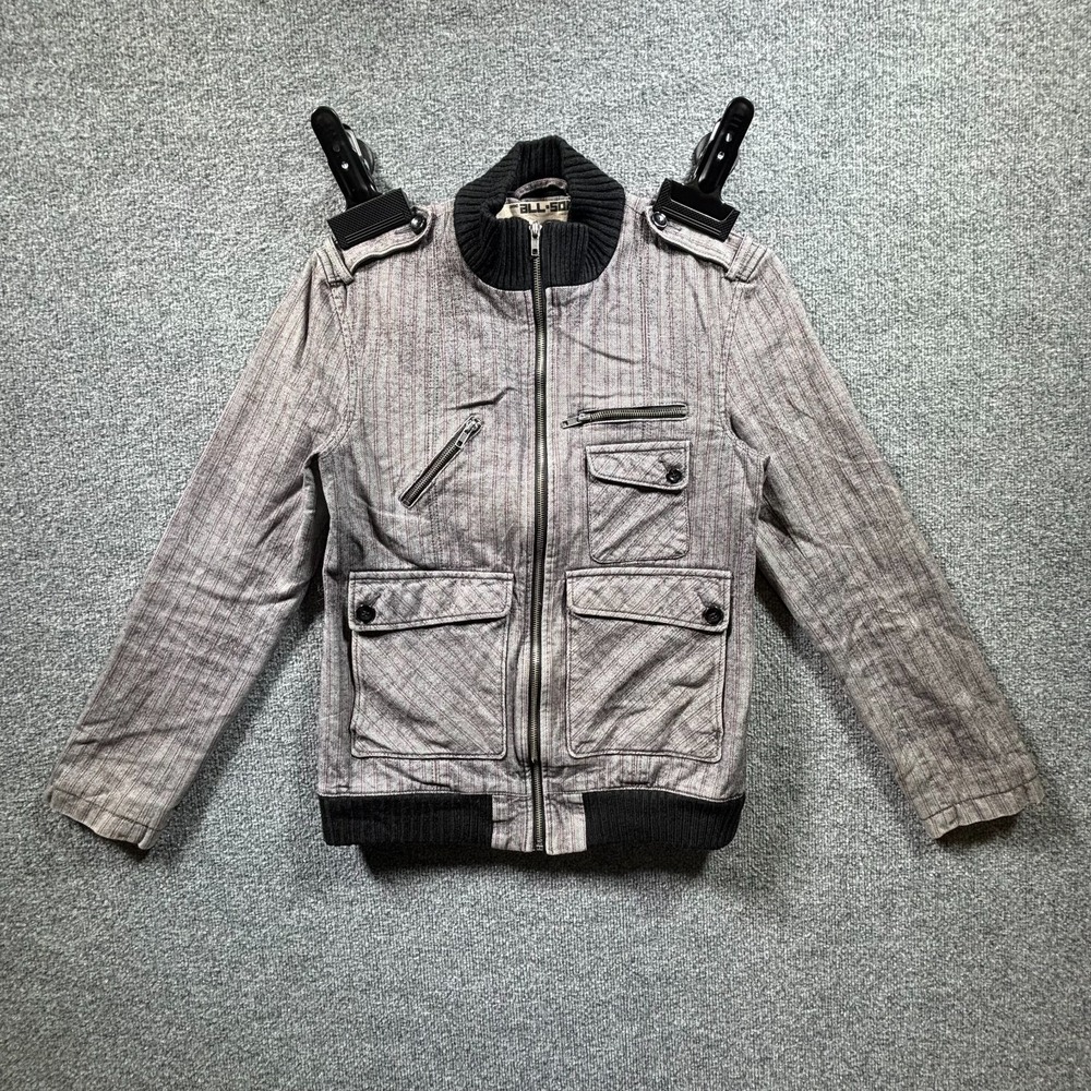 All-Son Military Bomber Jacket Mens Small Gray Pinstripe Herringbone Full Zip
